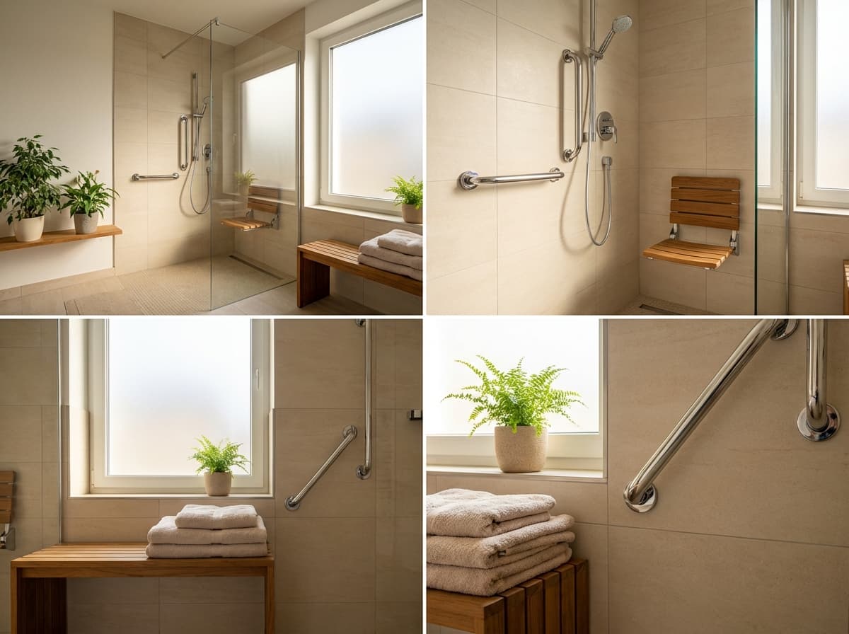 Modernes, helles Badezimmer mit ebenerdiger Dusche